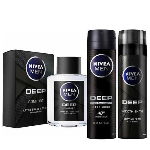 Pack NIVEA Men Deep Desodorante Spray Black Frasco 150ml + Bálsamo After Shave Frasco 100ml + Espuma de Afeitar Frasco 200ml