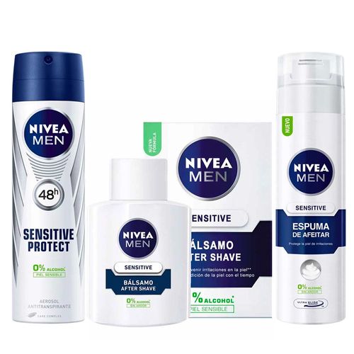 Pack NIVEA Men Sensitive Desodorante Spray Frasco 150ml + Bálsamo After Shave Frasco 100ml + Espuma de Afeitar Frasco 200ml