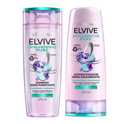 Pack ELVIVE Shampoo Ácido Hialurónico Pure Frasco 370ml + Acondicionador Ácido Hialurónico Pure Frasco 370ml