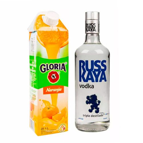 Pack RUSSKAYA Vodka Botella 750ml + Bebida GLORIA Naranja Caja 1L