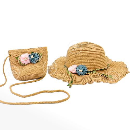 SOMBRERO DE PAJA CON FLORES MAS BOLSO PARA NIÑA COLOR BEIGE OSCURO