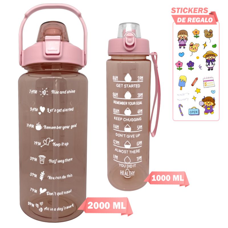 Botella-Tomatodo-Motivacional-Kawaii-Rosado-2-Piezas-2000ml-1000ml