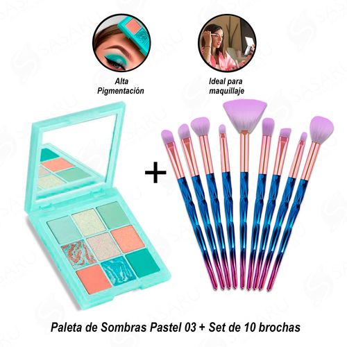 Set de 10 brochas + Paleta de Sombras Pastel 03