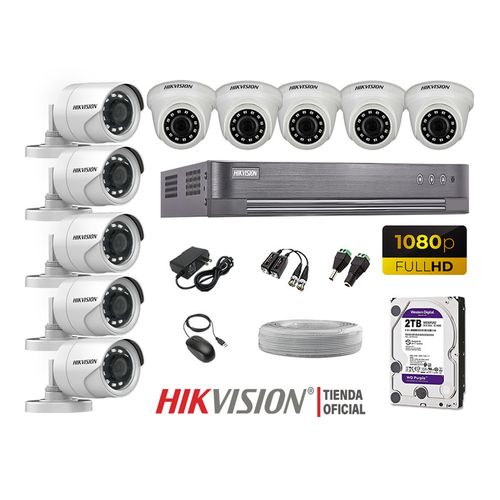 Kit 10 Cámaras Seguridad Hikvision Full Hd 1080P + Disco 2Tb Completo