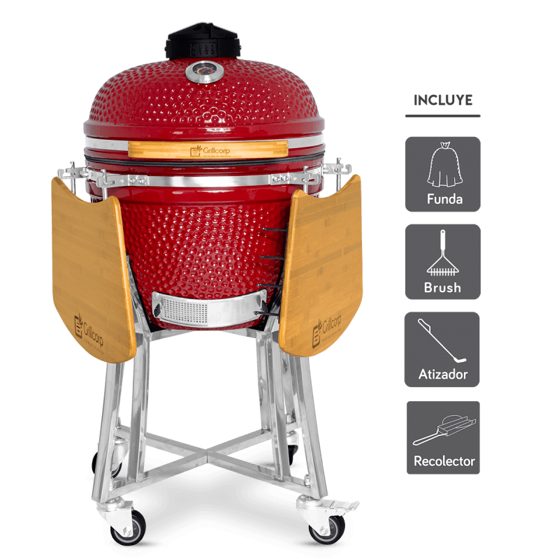 Kamado-20-Rojo---Funda-Protectora---Atizador---Brush---Cenicero