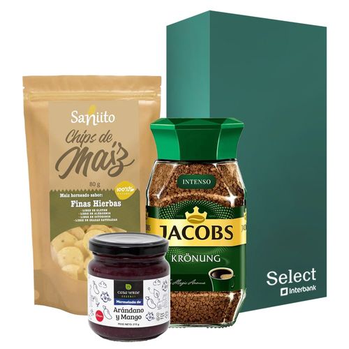 GIFT BOX CAFE JACOBS KRONUNG INTENSO 100gr + CHIPS DE MAIZ SANIITO FINAS HIERBAS 80gr + MERMELADA DE