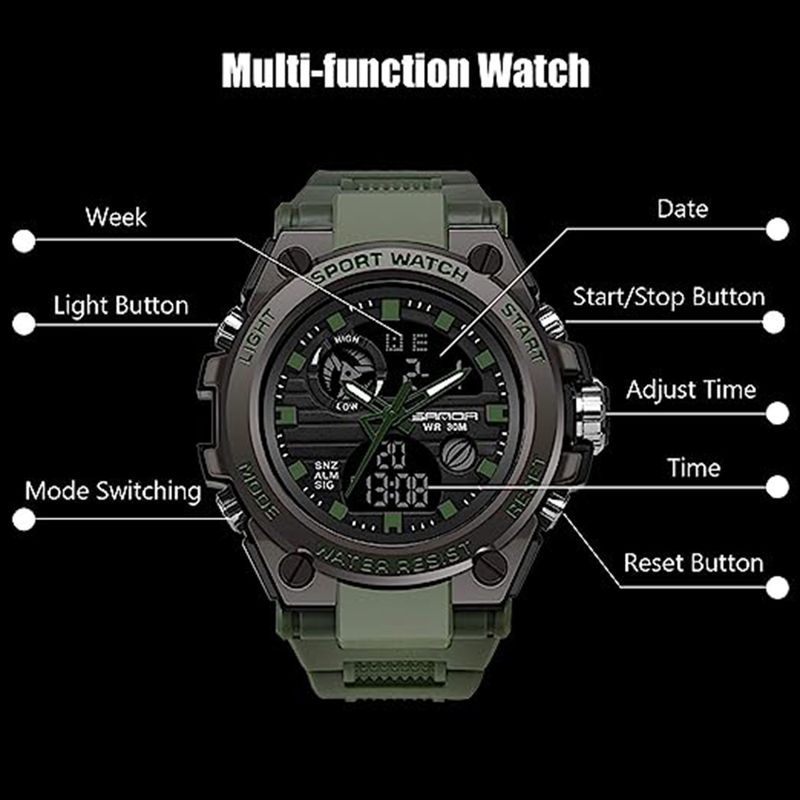 Reloj-Hombre-Deportivo-Analogo-Digital--Impermeable-con-Cronografo-Militar-Resistente-al-Agua---Verde-Militar