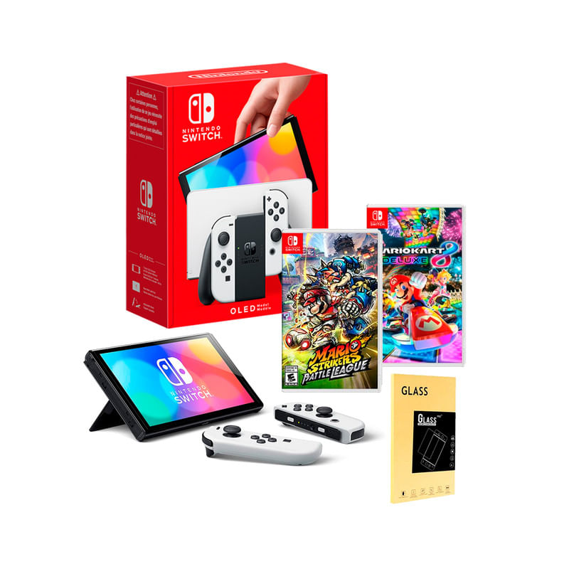 Consola-Nintendo-Switch-Oled-Blanco---Mario-Kart-8---Mario-Strikers---Mica