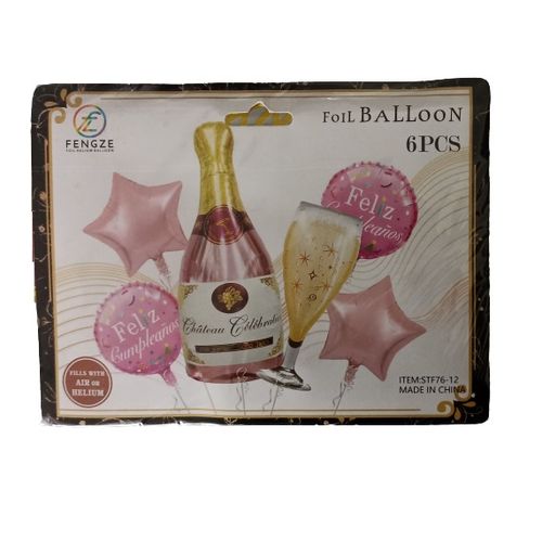 Set x 6 globos para mujer feliz cumpleaños botella y copa dorada