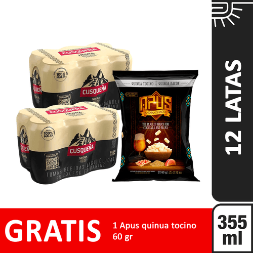 Cerveza CUSQUEÑA NEGRA 6PACK LAT 355 ML + 1 Snack Apus Quinua Tocino 60g