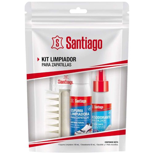 Kit Limpiador para Zapatillas SANTIAGO Espuma Limpiadora 100ml + Paño + Escobilla + Desodorante 80ml