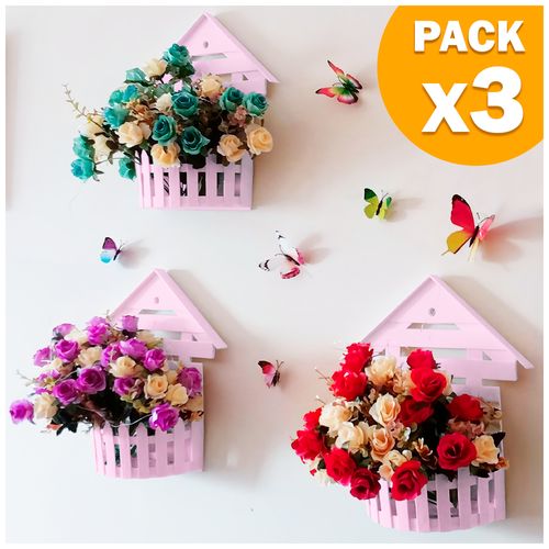 Pack X3 Macetero Decorativo Maceta Colgante de Pared Casita L10 Rosado