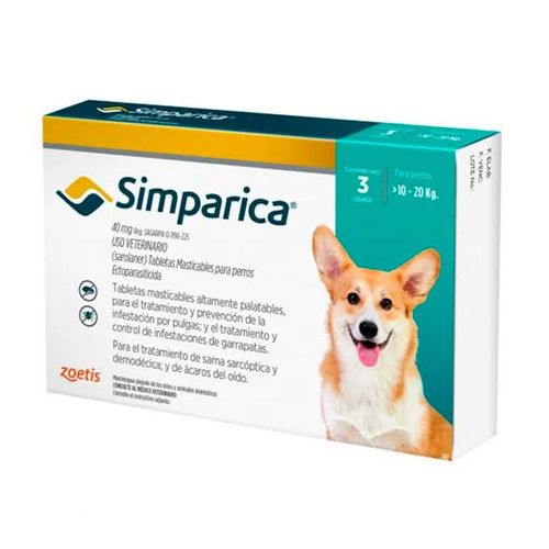 Simparica 40mg para perros 10 a 20Kg x 3 Tab