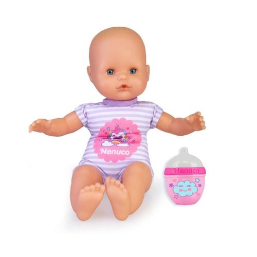 Muñeca Nenuco Con Biberon Y Sonajero Lila Rayas