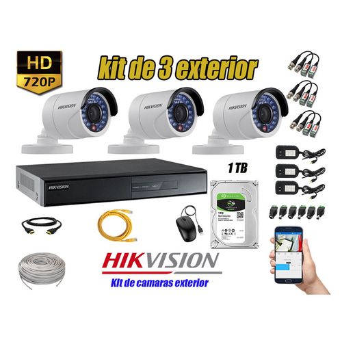 Kit 3 Cámaras de Seguridad Exterior Hikvision Hd 720P mas Disco 1Tb P2P