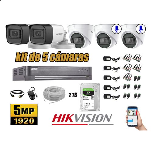 Kit 5 Cámaras de Seguridad Hikvision 5Mp 2 Cámaras Audio Incorporado P2p