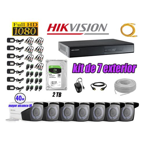 Kit 7 Cámaras de Seguridad Exterior Varifocal Hikvision Full Hd 1080P P2p Disco 2Tb P2P