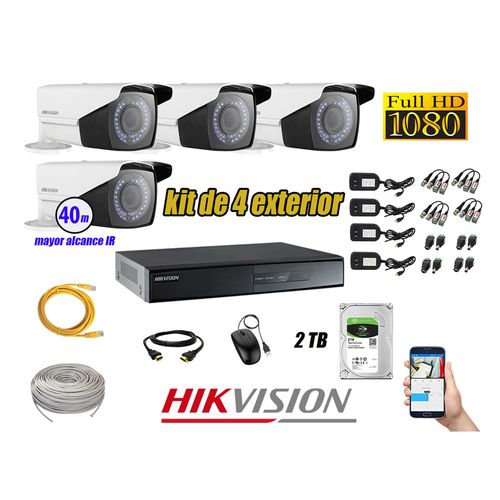 Kit 4 Cámaras de Seguridad Exterior Varifocal Hikvision Full Hd 1080P mas Disco 2Tb Wd P2p