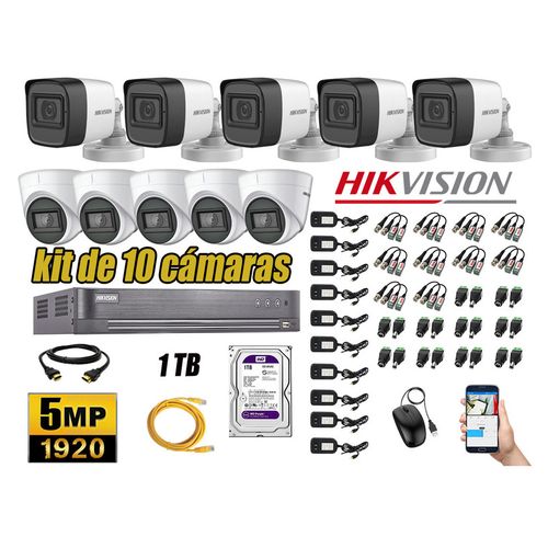 Kit 10 Cámaras de Seguridad Hikvision 5Mp mas Disco 1Tb