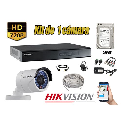 Kit 1 Cámaras de Seguridad Hikvision Hd 720P mas Disco 500Gb Completo P2P