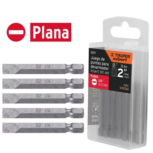 Juego 5 puntas planas de 1/4" largo 2" para taladro, desarmador Truper