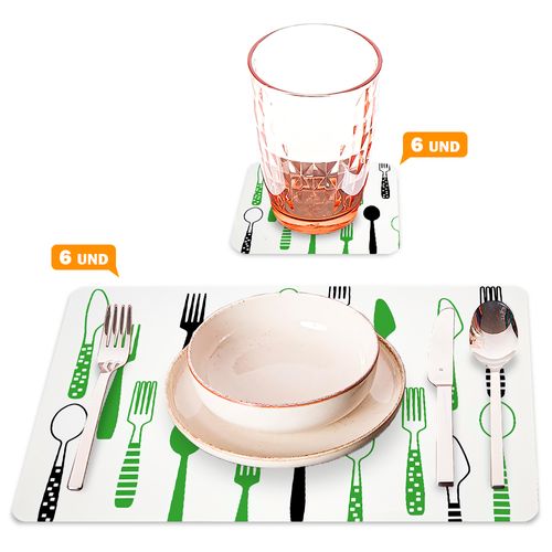 Set 6 Individuales con Posavasos para Mesa Modernos 15A Cubiertos Verde