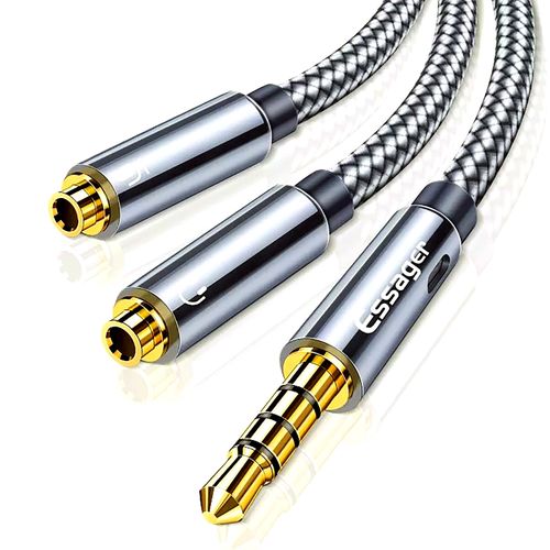 CABLE AUDIO SPLITTER STEREO 3.5MM MACHO A AUDÍFONOS Y MICRÓFONO HEMBRA 0.25 METROS ESSAGER