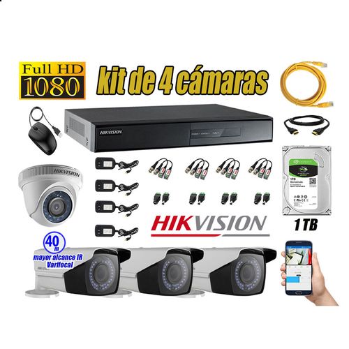 Kit 4 Cámaras de Seguridad Hikvision Full Hd 1080P mas Disco 1Tb Mayor Alcance Varifocal Ip66