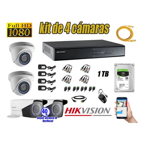 Kit 4 Cámaras de Seguridad Hikvision Full Hd 1080P mas Disco 1Tb Mayor Alcance Varifocal P2p
