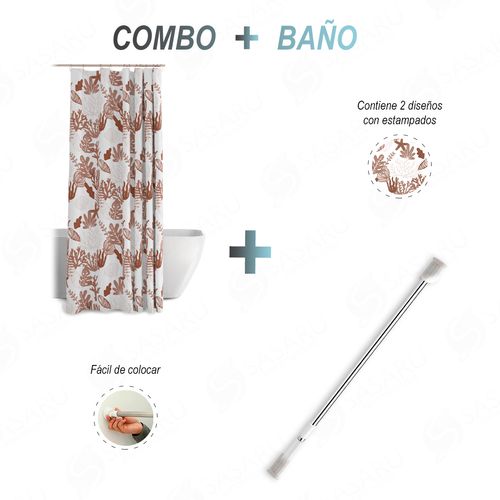 Cortina para Baño con Diseño 2 uds + Barra para Cortina de Baño