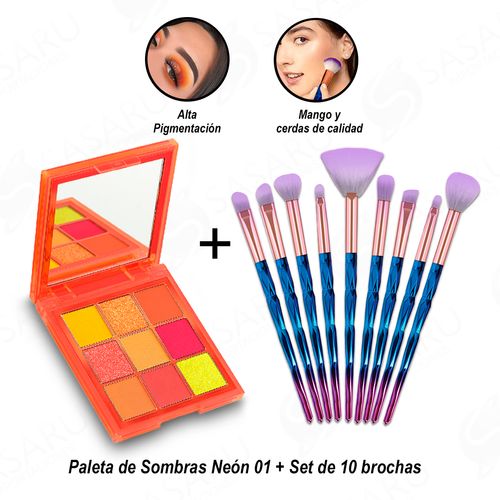 Set de 10 brochas + Paleta de Sombras Neón 01