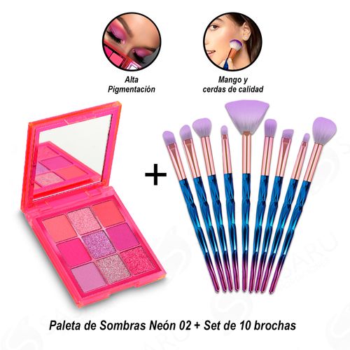 Set de 10 brochas + Paleta de Sombras Neón 02