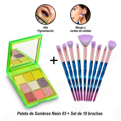 Set de 10 brochas + Paleta de Sombras Neón 03