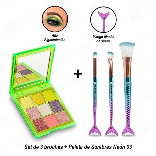 Set de 3 brochas + Paleta de Sombras Neón 03