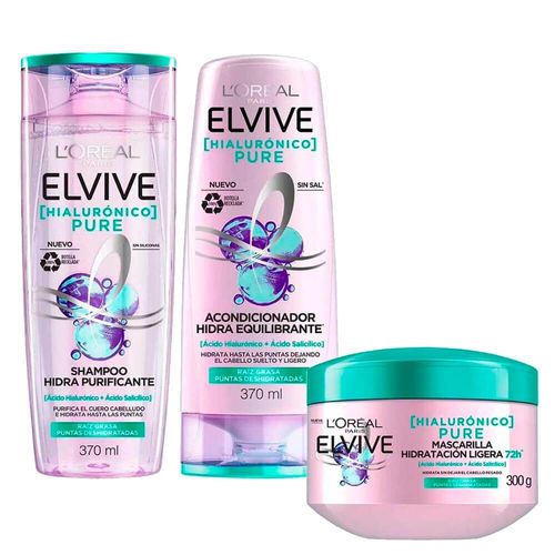 Pack ELVIVE Ácido Hialurónico Acondicionador Frasco 370ml + Crema Tratamiento Frasco 300ml + Shampoo Frasco 370ml