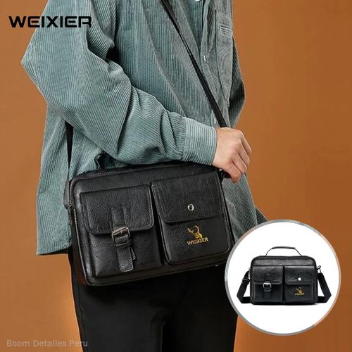 Morral Hombre Cuero PU Weixier Bandolera Impermeable Casual - Negro