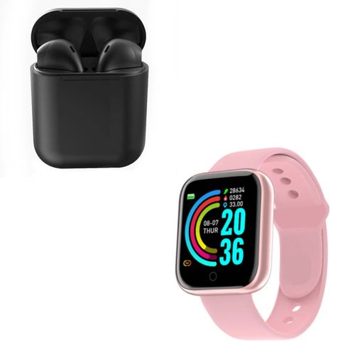 Smartwatch Bluetooth D20 Rosado y Audifono I12 Negro