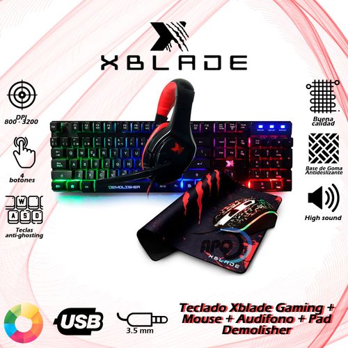 Combo Gaming Xblade Teclado Mouse Audífono Pad Demolisher GXB-KMHP370