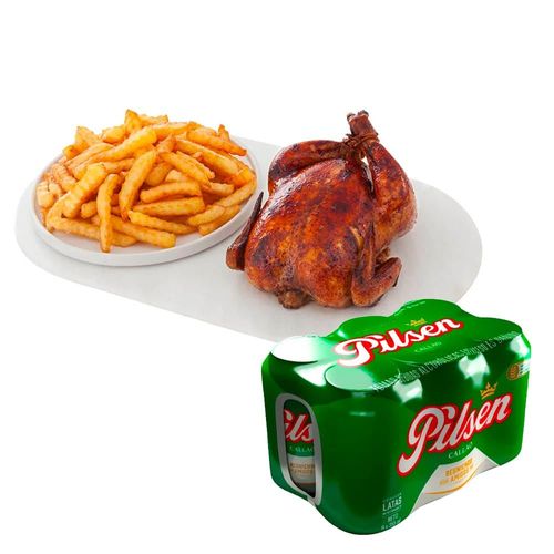 Pollo Rostizado + Papas Fritas + Cerveza PILSEN Six Pack Lata 355ml