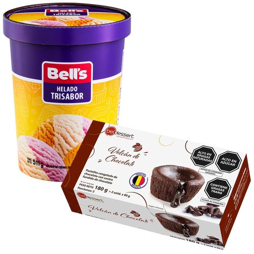 Pack Volcán de Chocolate BELDESSERT 90g Caja 2un + Helado BELL'S Trisabor Pote 1L