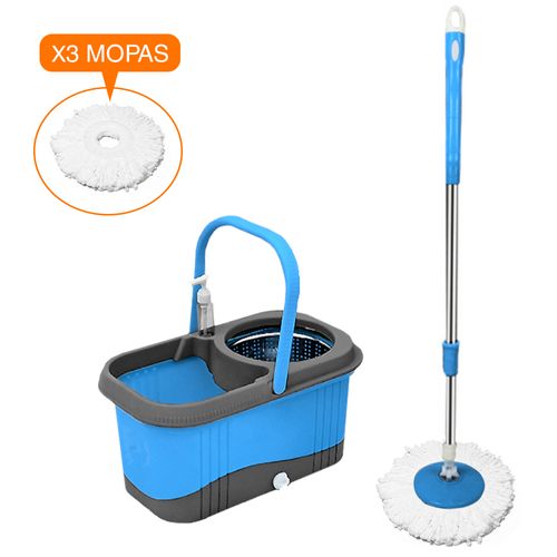 Balde Escurridor Automático Trapeador 3 Mopas+Dispensador Celeste