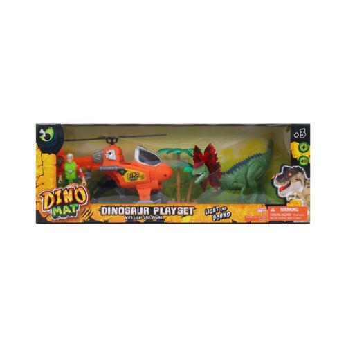 Set De Juego Dinomat Con Helicoptero, Figura Y Dinosaurio Verde