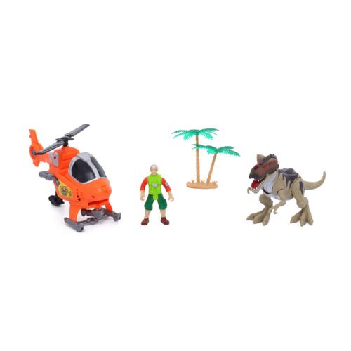 Set De Juego Dinomat Con Helicoptero, Figura Y Dinosaurio Marron