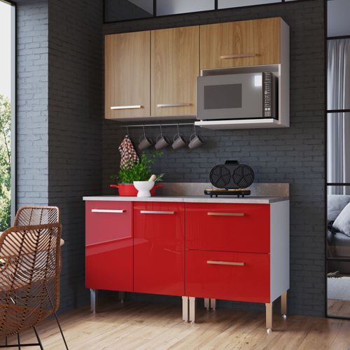 Mueble de Cocina Modular Orange para Microondas con Cajonera 140cm Nogueira/Rojo