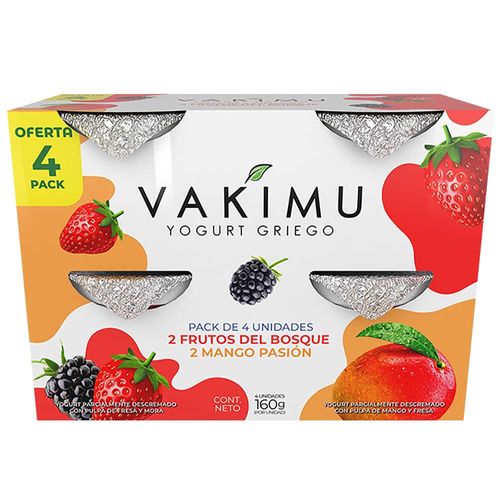 Yogurt Griego VAKIMU Sabor a Frutos del Bosque y Mango Botella 160g Paquete 4un