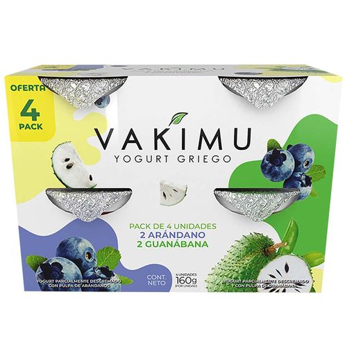 Yogurt Griego VAKIMU Sabor a Frutos del Arándanos y Guanábana Botella 160g Paquete 4un