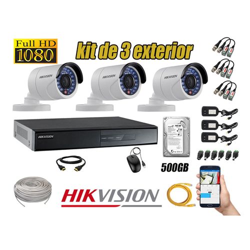 Kit 3 Cámaras de Seguridad Exterior Hikvision Full Hd 1080P mas Disco 500Gb