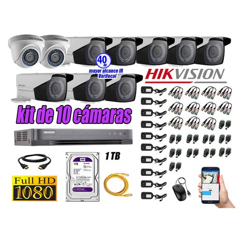Kit 10 Cámaras de Seguridad Hikvision Full Hd 1080P mas Disco 1Tb Mayor Alcance Varifocal Ip66