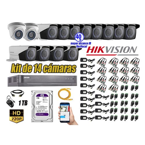 Kit 14 Cámaras de Seguridad Hikvision Hd 720P mas Disco 1Tb Mayor Alcance Varifocal Ip66