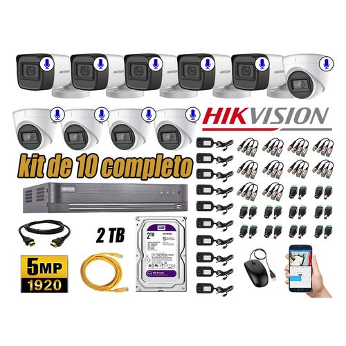 Kit 10 Cámaras de Seguridad Hikvision 5Mp Audio Incorporado Completo P2P